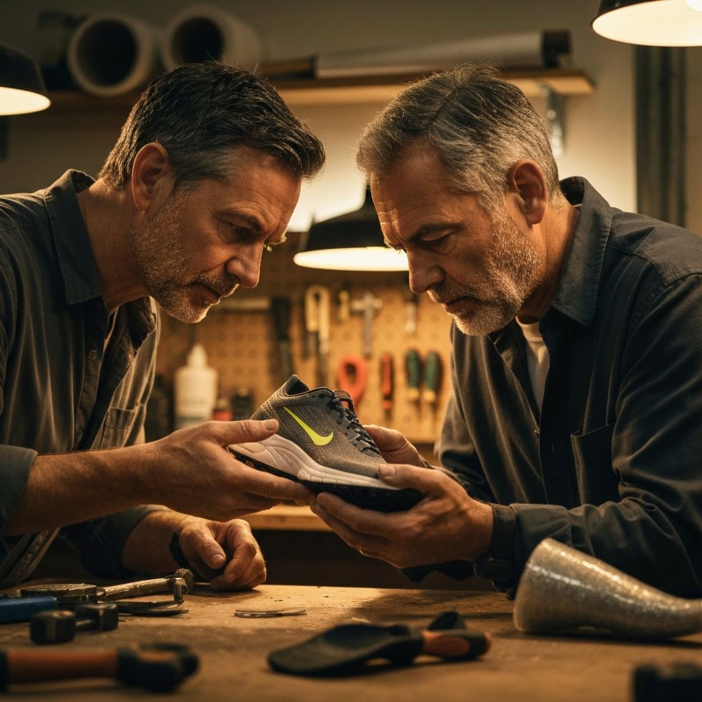 Jeff Milliman and Gordon Brown examining a running shoe prototype in their workshop