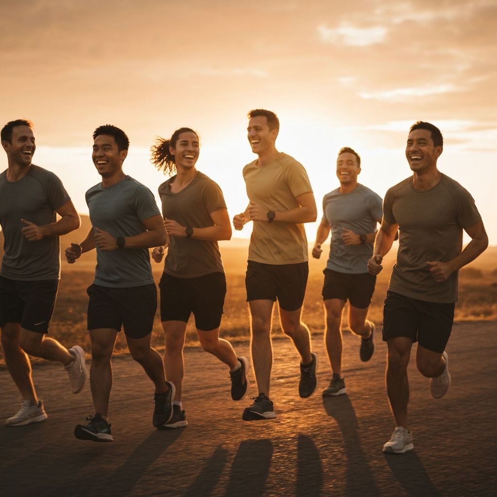 Group of runners laughing and running together at golden hour